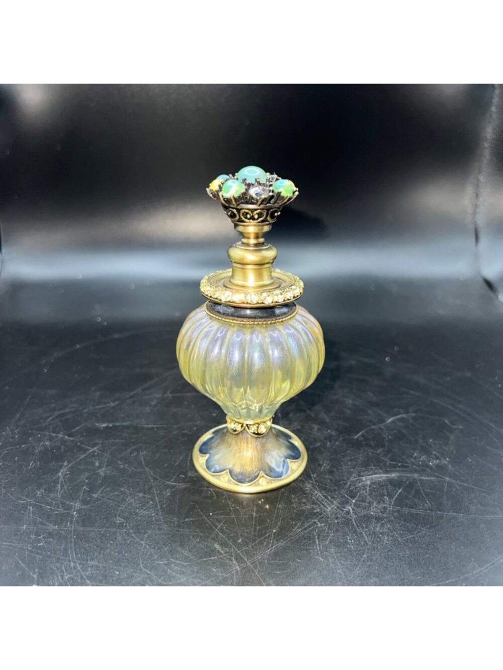 Vintage Glass Perfume Bottle Ornate Brass Cap Iridescent Finish Gem Accents READ